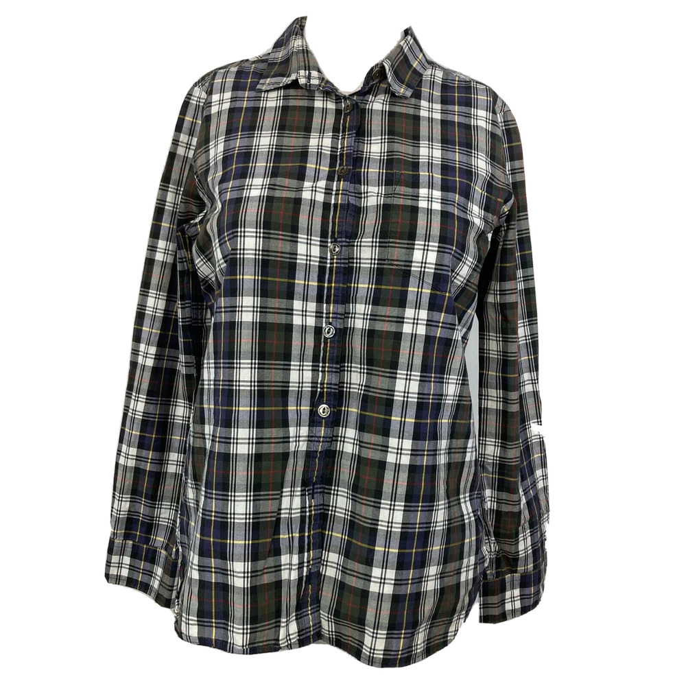 J. Crew Shirt Womens Sz 2 Green White Tartan‎ Plaid Cotton Button Up